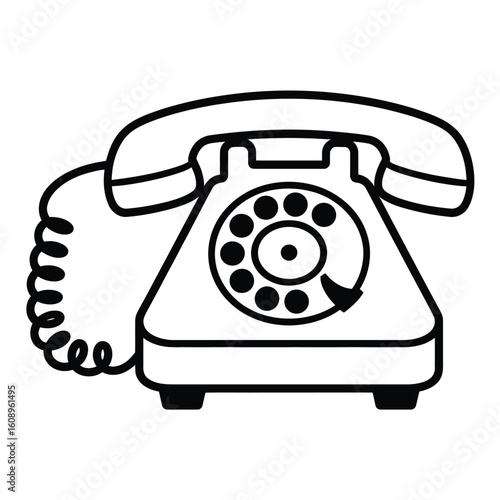 Classic rotary dial telephone in black and white outline illustration
