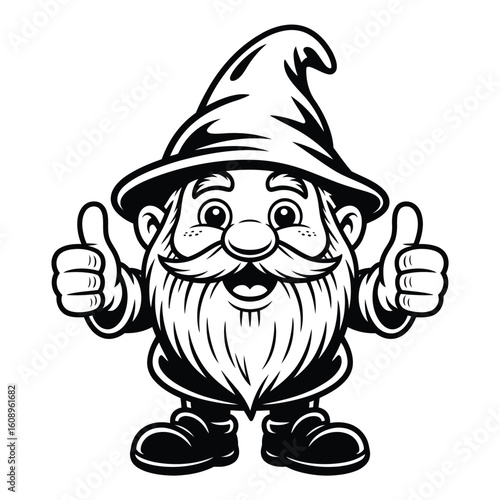 Happy gnome character giving thumbs up with wizard hat