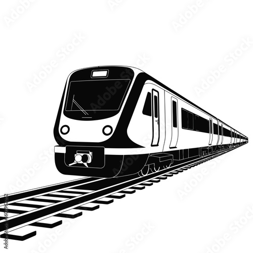 Modern electric train traveling on tracks in black and white