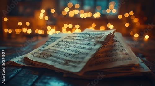 Aged sheet music on a rustic table, bathed in warm light