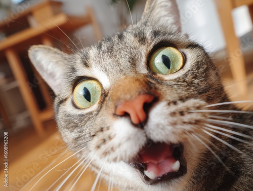 Cute cat face with open mouth and eyes