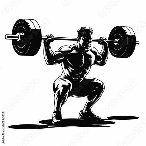 Muscular man performing a barbell back squat in a gym