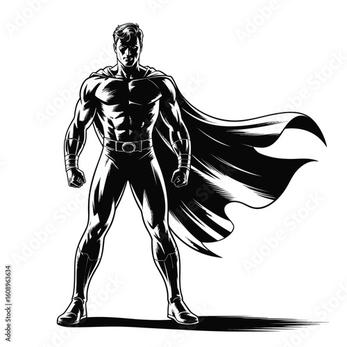 Powerful muscular superhero standing confidently with flowing cape