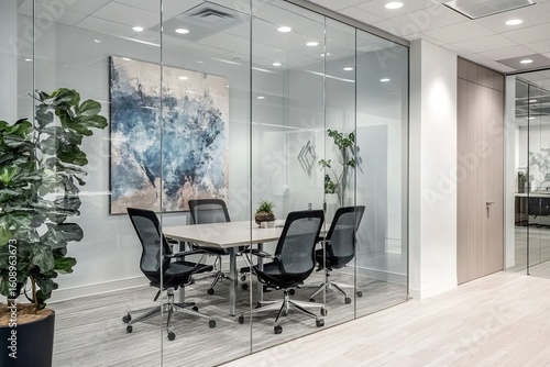 A modern glass office meeting room with abstract wall art and Scandinavian-style furniture, featuring clean lines and lush greenery.