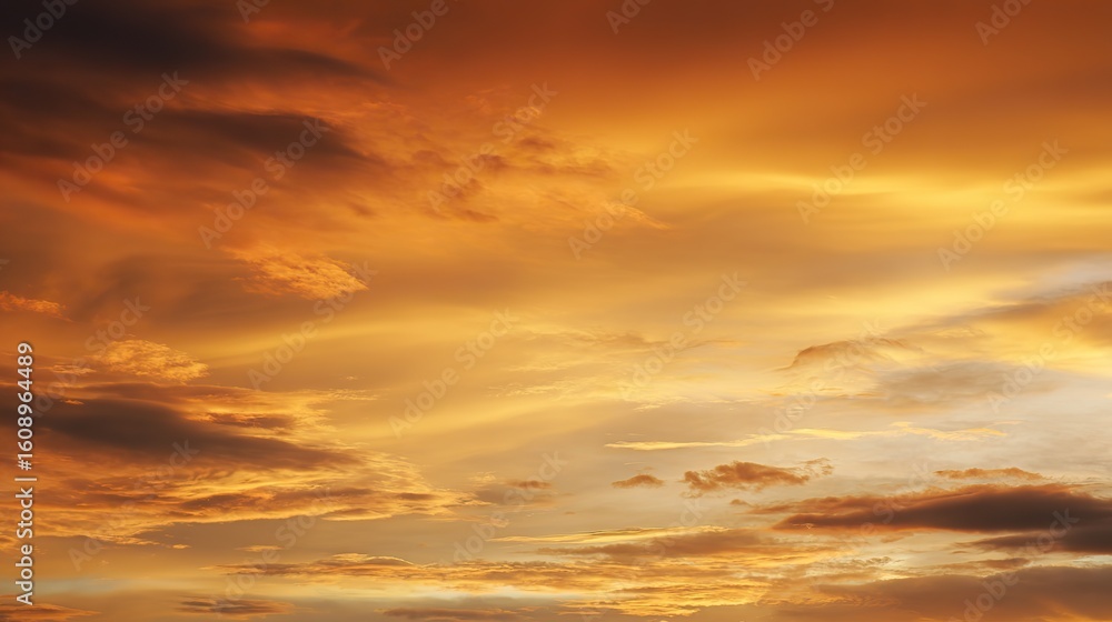 Fototapeta premium A golden sunset sky with orange and yellow clouds in high definition, vibrant gold hues adding depth, reflecting warmth and tranquility on the ground for an atmospheric natural backdrop.