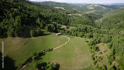 Beautiful Slovak nature. Small wooden house on a hill surrounded by green forests, old farm. Drone video.