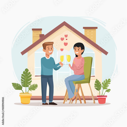 A smiling couple toasting champagne flutes in front of their home, celebrating love.