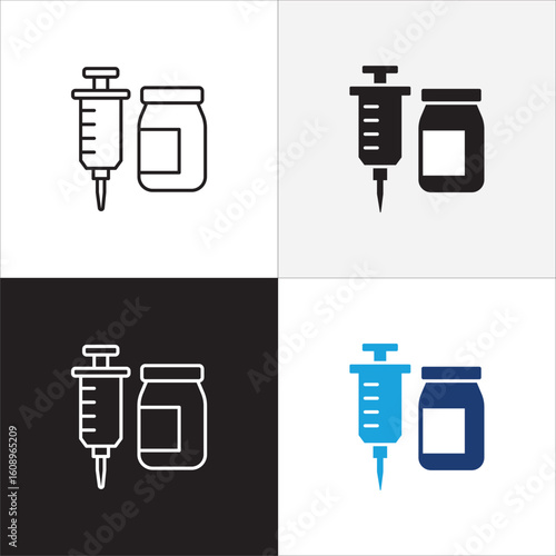 Syringe and bottle icon. Syringe and vaccine icon. Medical shot symbol.
