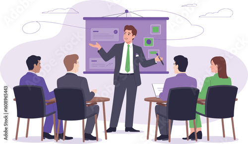 Confident businessman leading presentation to engaged audience in modern office setting