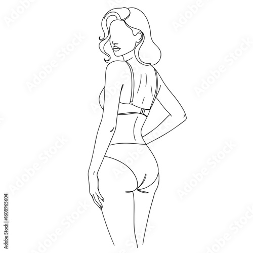 Minimalist line art drawing of a woman in lingerie looking over her shoulder underwear bikini