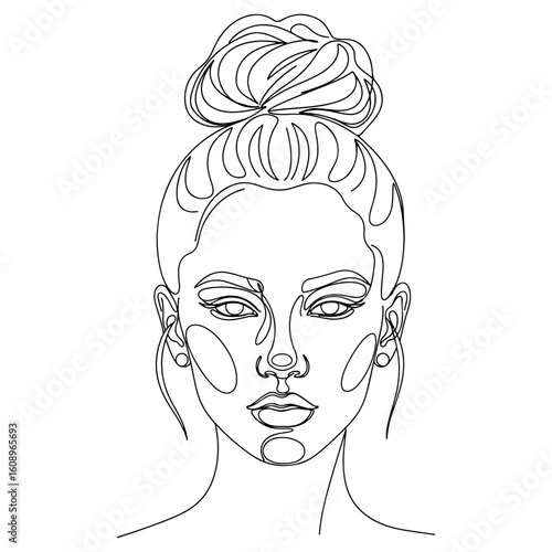 Single line drawing of a woman's face with hair in a bun and earrings line art illustration