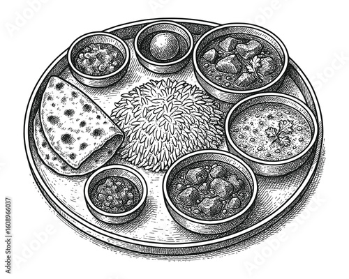 Artistic Ink Drawing of an Authentic Indian Thali Meal with Rice and Variety of Curries