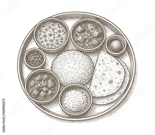 Delicately sketched Indian Thali featuring various curry bowls, rice, and flatbreads on plate