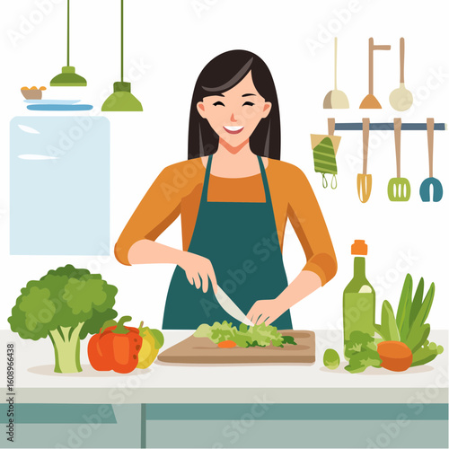 Happy woman chopping fresh vegetables on a cutting board in her kitchen. Concept of healthy eating, home cooking, and vegetarian lifestyle.