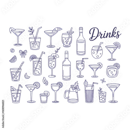 Creative Hand-Drawn Drink Illustrations: Cocktails, Beverages, and Bottles