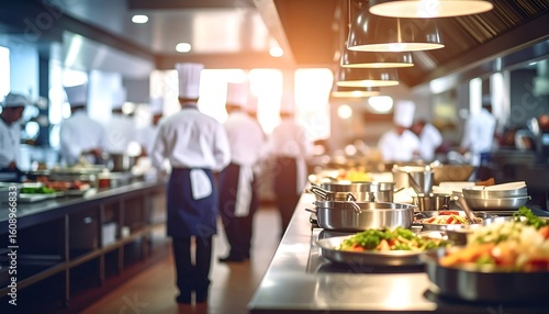 Busy restaurant kitchen, chefs at work
