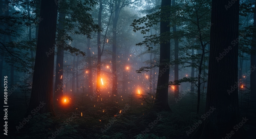 Obraz premium Misty forest, glowing lights