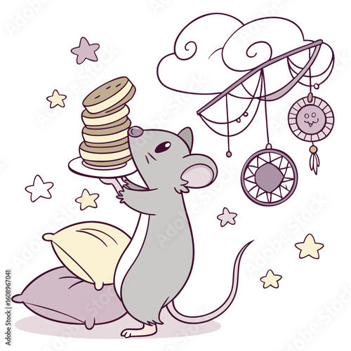Whimsical Rat feeling Bashful in a Fantasy dream setting with balancing a stack of pancakes – colored in Dreamland