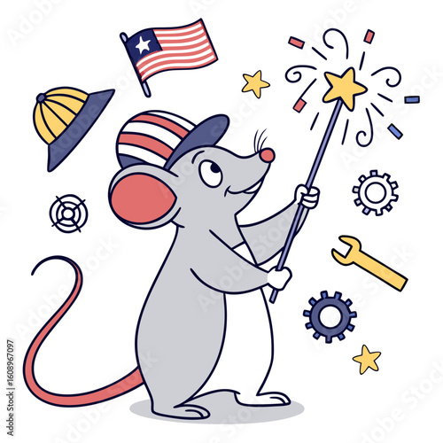 SVG art: A Joyful Rat in a Labor Day vibe with with a magic wand, tinted with Worker’s Pride tones