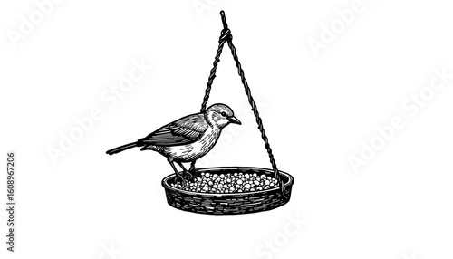 Bird perched on sketch of black and white bird feeder  
