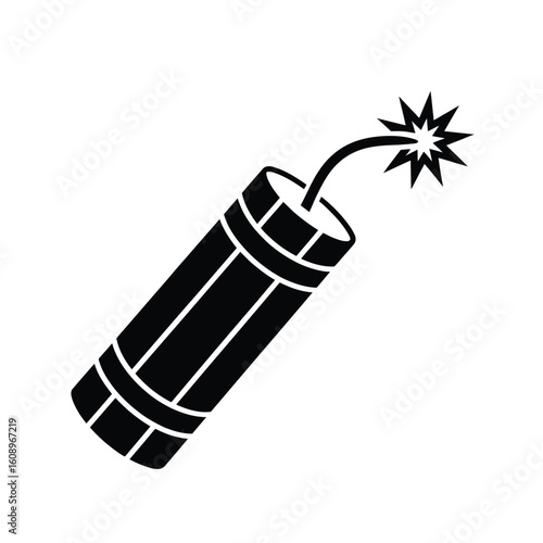 Classic dynamite stick with burning fuse and spark