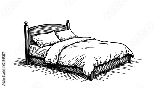 Sketch of a cozy bed with pillows and comforter in black and white  
