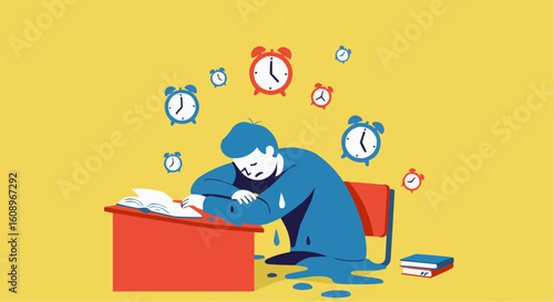 Schoolchild feeling stressed while studying at desk with clocks  