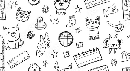 Hand-Drawn Doodles Seamless Pattern with Cute Animals and Objects