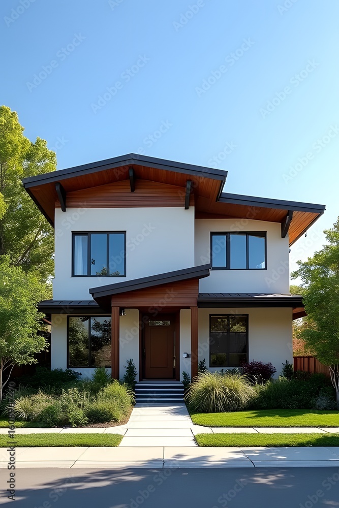Fototapeta premium a modern two-story house with a white and brown exterior