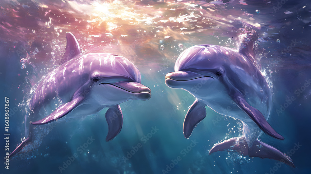 Fototapeta premium Delightful fantasy illustration featuring amicable dolphins frolicking in shimmering ocean waves, enhanced by magical glows and enchanted aquatic surroundings in a beautifully detailed painting