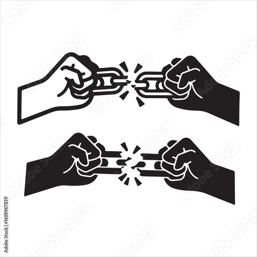 Two pairs of hands breaking a chain link symbolizing freedom