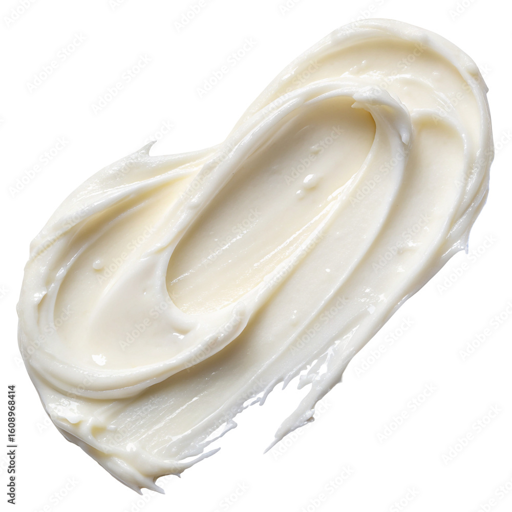 Close up of smooth white cream smear on a white background showing texture and consistency Close up of smooth white cream smear on a white background showing texture and consistency