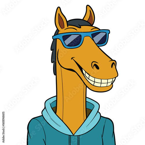 Tall Neck Horse with Funny Swag Style, Stylish Long Neck Horse in Hoodie and Shades Vector Illustration 