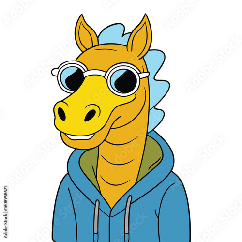 Tall Neck Horse with Funny Swag Style, Stylish Long Neck Horse in Hoodie and Shades Vector Illustration 
