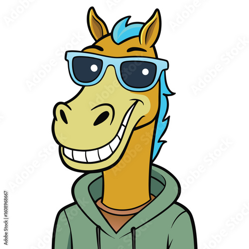 Tall Neck Horse with Funny Swag Style, Stylish Long Neck Horse in Hoodie and Shades Vector Illustration 
