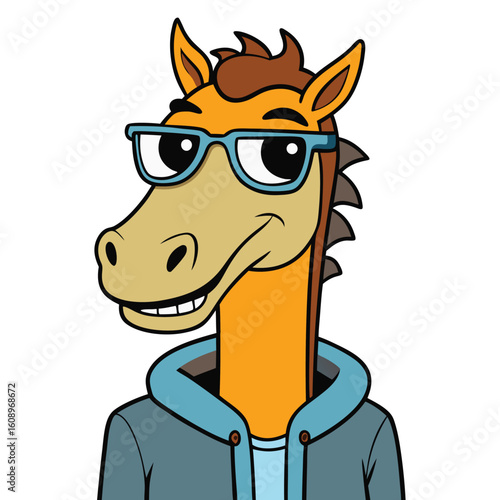 Tall Neck Horse with Funny Swag Style, Stylish Long Neck Horse in Hoodie and Shades Vector Illustration 