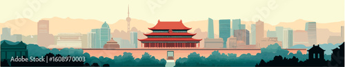 Beijing Skyline and Forbidden City Flat Vector Illustration