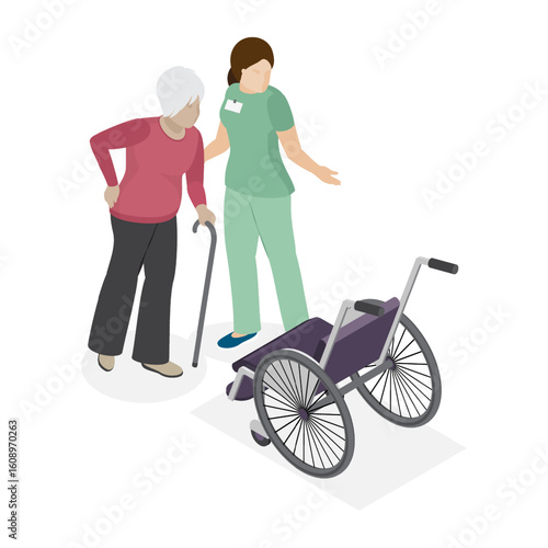 Elderly woman with back pain. Old lady uses a wheelchair. Female patient in the care of medical personnel. Part 1. 3d isometric flat illustration.