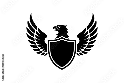 Black silhouette of an eagle with spread wings holding a shield in a heraldic style illustration