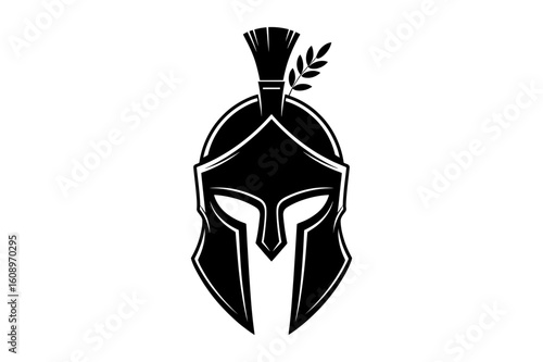 Illustration of a black spartan helmet with a crest and a small branch on top isolated on white background