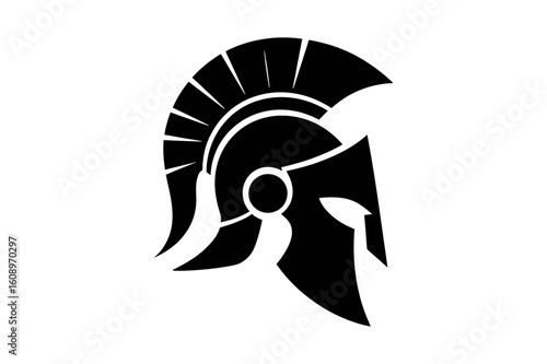 Illustration of a spartan helmet in black and white with a distinctive crest and face guard design