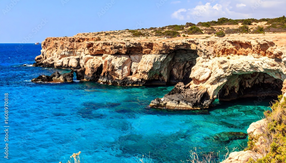 Fototapeta premium Turquoise Waters and Eroded Cliffs: Coastal Beauty in Mediterranean Setting