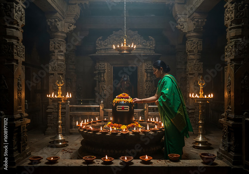 Woman in Jade-Green Saree Lighting Diyas Around Shiva Lingam Inside Ancient Temple