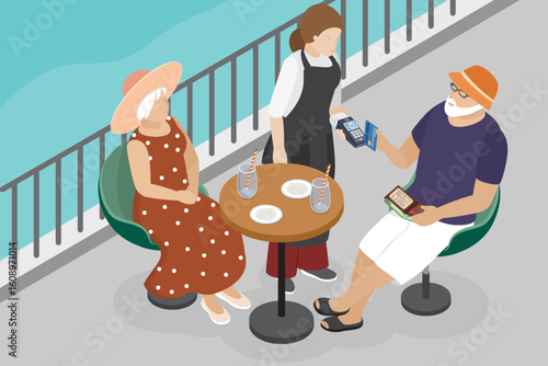 Elderly couple paying for lunch in restaurant using credit card. Happy senior man and woman in a cafe. Summer, seafront, senior life. Flat isometric vector illustration. Eps 10.