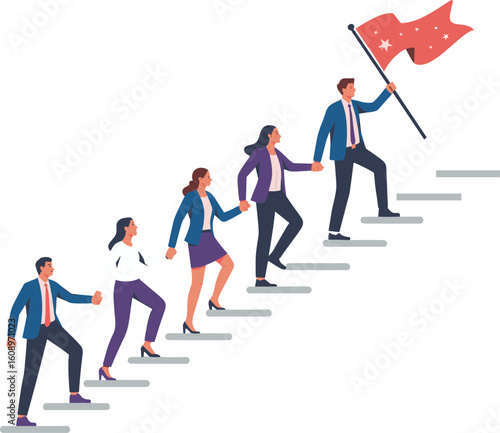 Business team climbing stairs together, leadership guiding to success, teamwork and motivation concept, corporate growth and career development journey