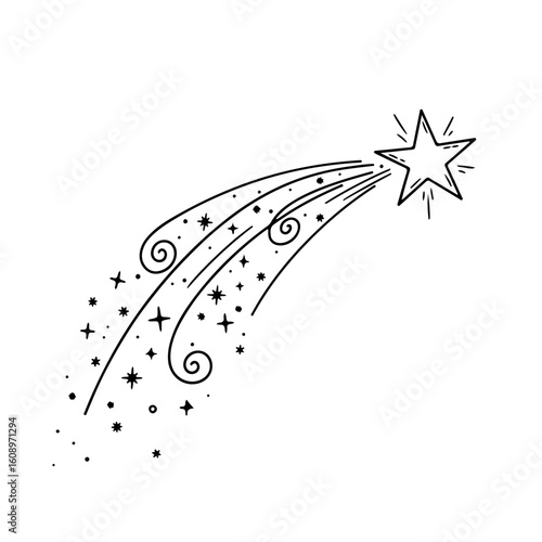 Whimsical line art of a glowing shooting star with sparkles and swirls in its trail, thin flowing black lines