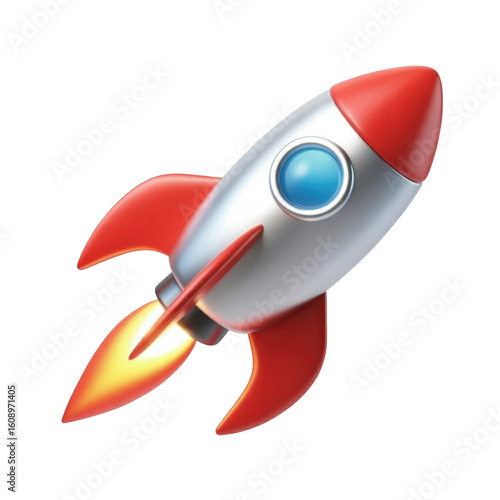 Cartoon rocket ship emoji with red fins and blue window on a transparent background with flames
