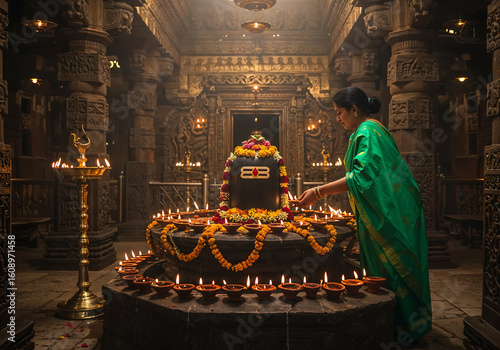 Woman in Jade-Green Saree Lighting Diyas Around Shiva Lingam Inside Ancient Temple