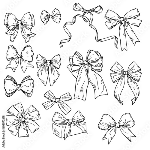 Satin ribbon bow, silhouette set, black and white sketch. Vector illustration. Flirty knot, isolated onbackground. Elegant, feminine design element for birthday, new year, valentine's day and wedding