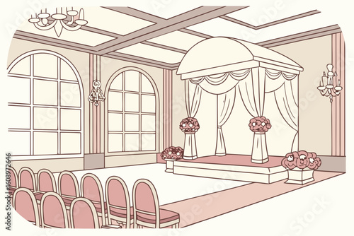 Elegant wedding ceremony hall with floral decorations